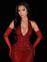 Sexy Red Halter Sleevless Sequins Sparkle Mermaid Prom Dress Floor-Length