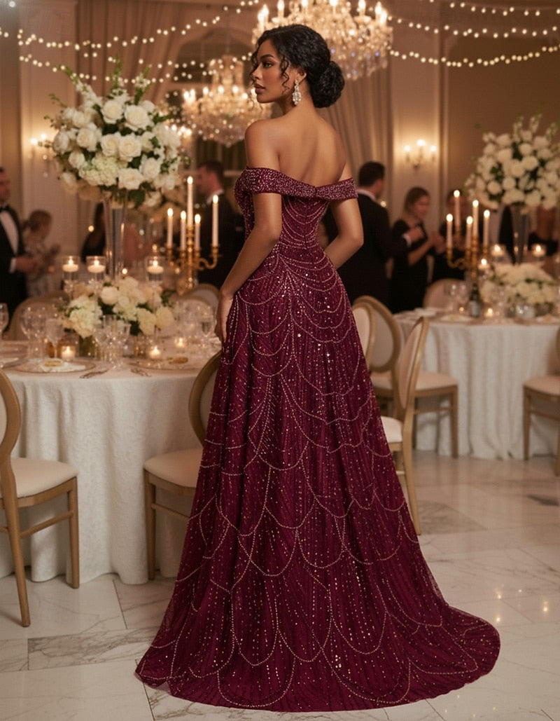 A-Line Floor-Length Off the Shoulder Glitter Evening Gowns with Beading