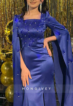 Side Slit Royal Blue Satin Floor-Length Trumpet Evening Gowns with Feather
