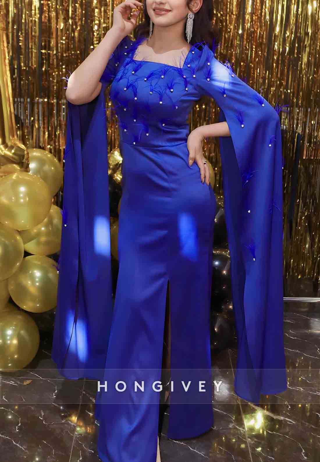 Side Slit Royal Blue Satin Floor-Length Trumpet Evening Gowns with Feather