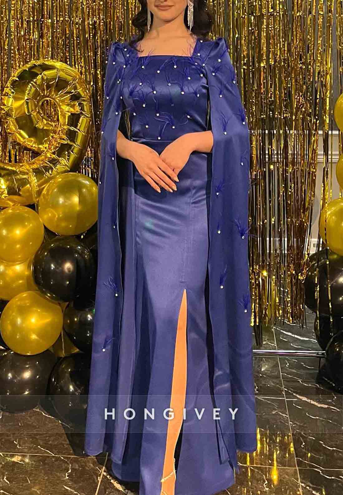 Side Slit Royal Blue Satin Floor-Length Trumpet Evening Gowns with Feather