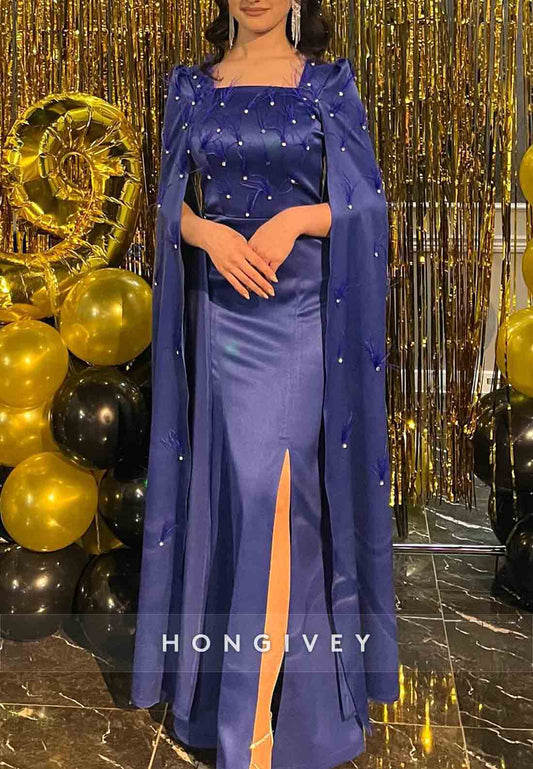 Side Slit Royal Blue Satin Floor-Length Trumpet Evening Gowns with Feather