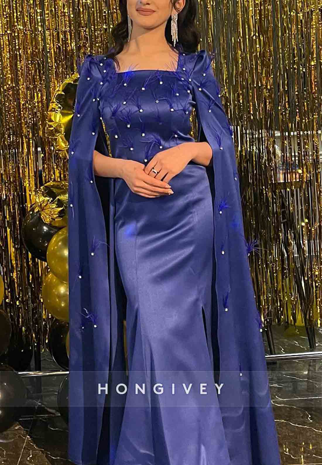 Side Slit Royal Blue Satin Floor-Length Trumpet Evening Gowns with Feather