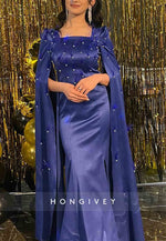 Side Slit Royal Blue Satin Floor-Length Trumpet Evening Gowns with Feather