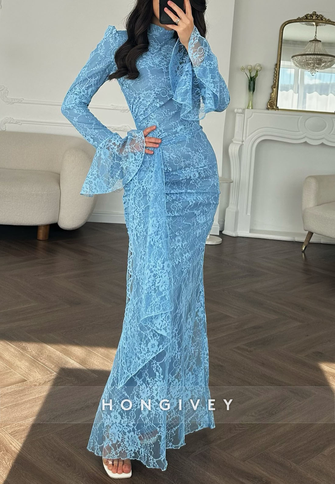 Bell Sleeves Lace High Neck Floor-Length Trumpet Evening Gowns