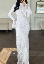 Bell Sleeves Lace High Neck Floor-Length Trumpet Evening Gowns