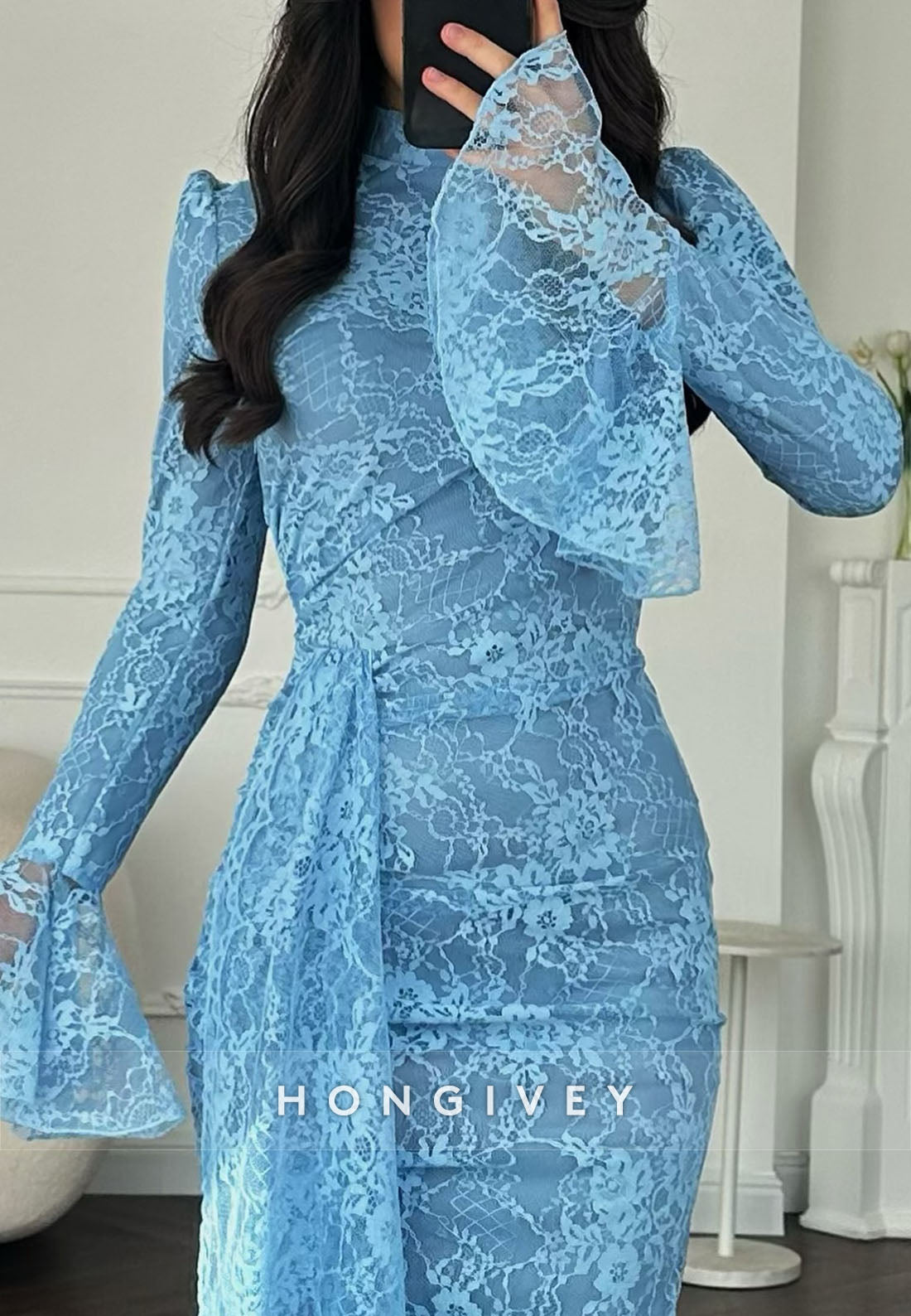 Bell Sleeves Lace High Neck Floor-Length Trumpet Evening Gowns