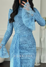 Bell Sleeves Lace High Neck Floor-Length Trumpet Evening Gowns