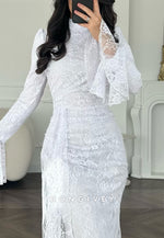 Bell Sleeves Lace High Neck Floor-Length Trumpet Evening Gowns