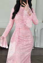Bell Sleeves Lace High Neck Floor-Length Trumpet Evening Gowns