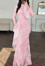 Bell Sleeves Lace High Neck Floor-Length Trumpet Evening Gowns