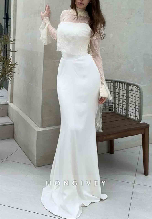Lace Floor-Length Simple Mermaid Long Sleeves Evening Gowns