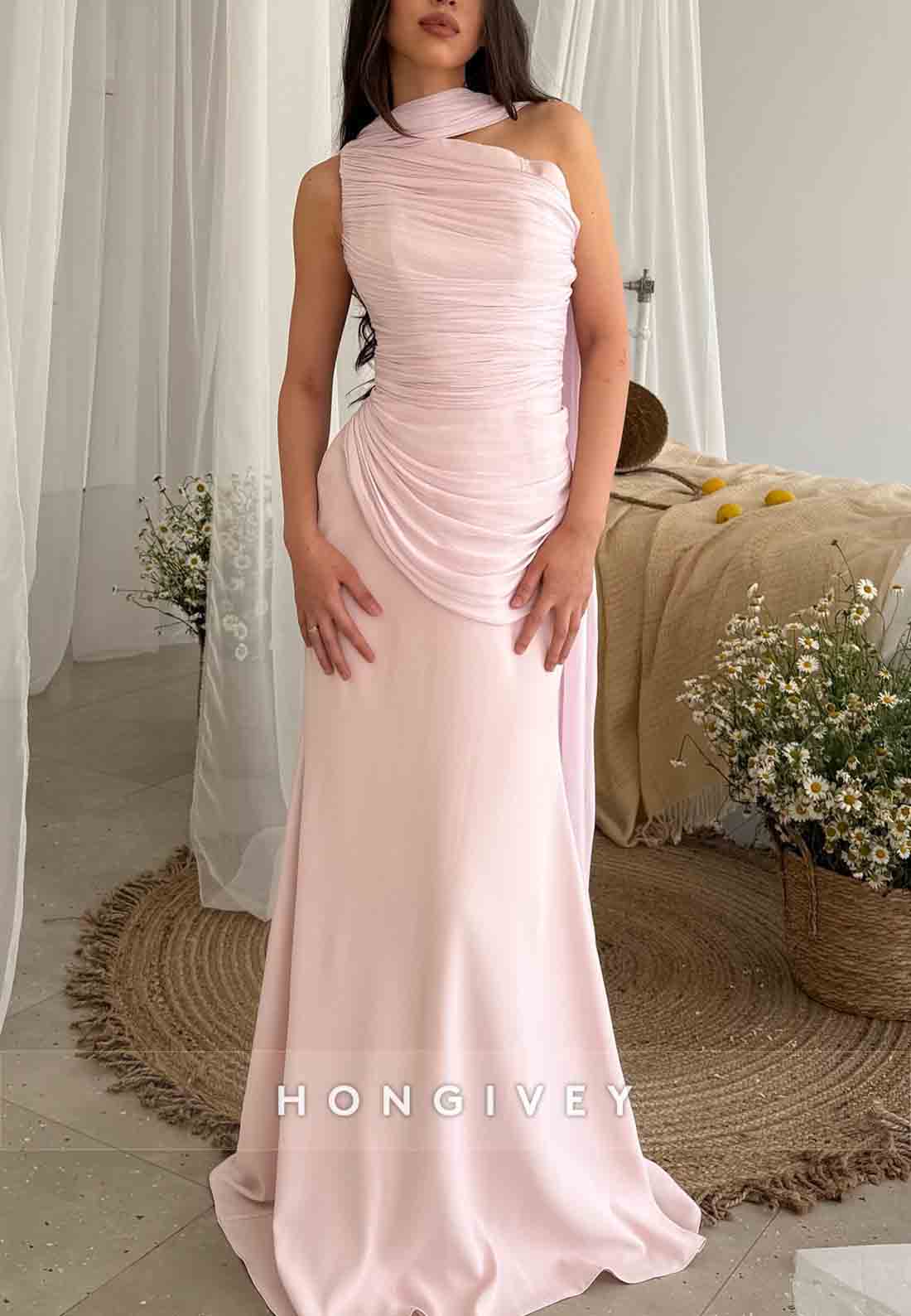 Blush Sleeveless Floor-Length Trumpet Evening Gowns with Ruched Corset