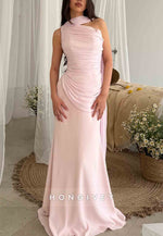 Blush Sleeveless Floor-Length Trumpet Evening Gowns with Ruched Corset