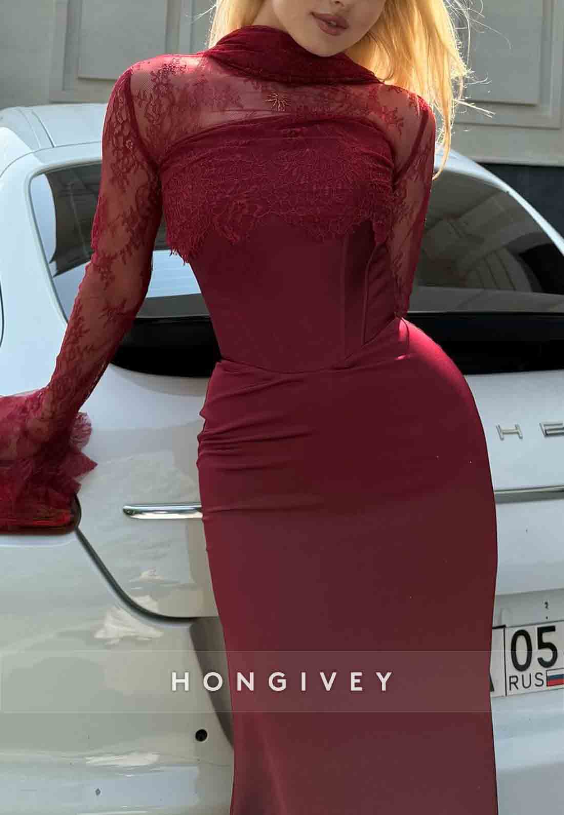 Bell Sleeves Lace Pleated Trumpet Elegant Sky Blue Floor-Length Evening Gowns