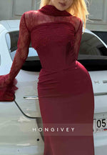 Bell Sleeves Lace Pleated Trumpet Elegant Sky Blue Floor-Length Evening Gowns