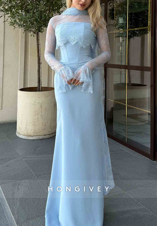 Bell Sleeves Lace Pleated Trumpet Elegant Sky Blue Floor-Length Evening Gowns