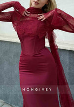 Bell Sleeves Lace Pleated Trumpet Elegant Sky Blue Floor-Length Evening Gowns