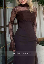 Bell Sleeves Lace Pleated Trumpet Elegant Sky Blue Floor-Length Evening Gowns