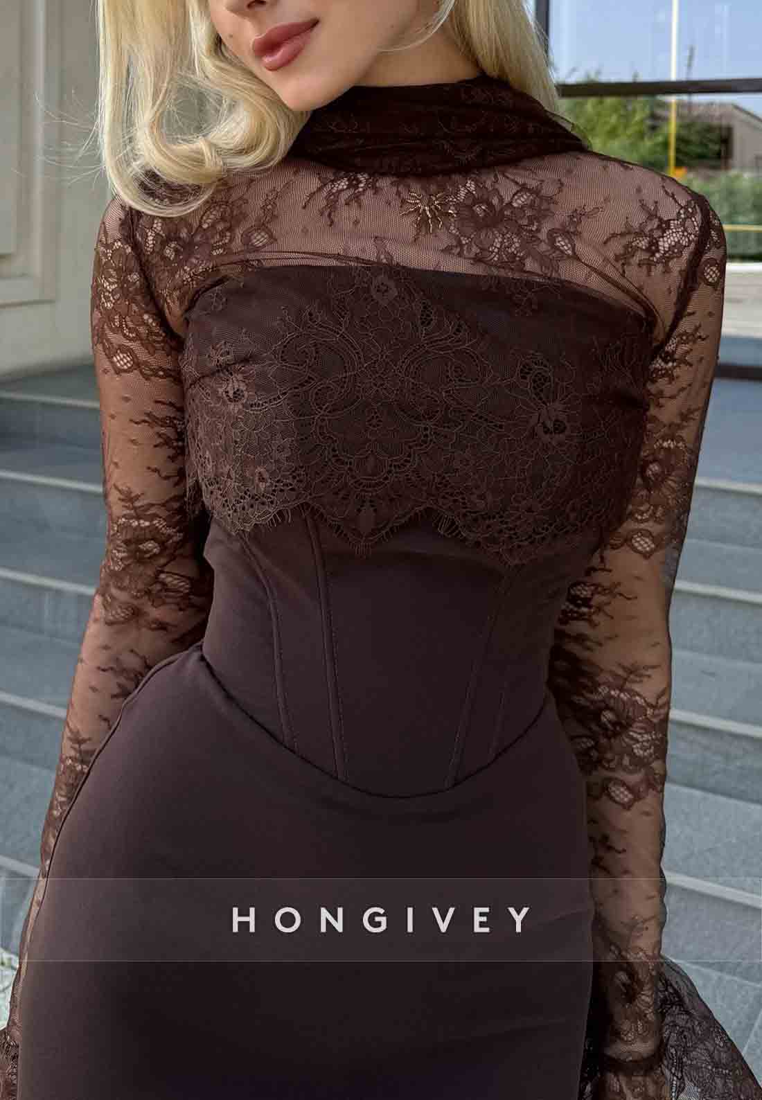 Bell Sleeves Lace Pleated Trumpet Elegant Sky Blue Floor-Length Evening Gowns