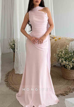 Blush Sleeveless Floor-Length Trumpet Evening Gowns with Ruched Corset