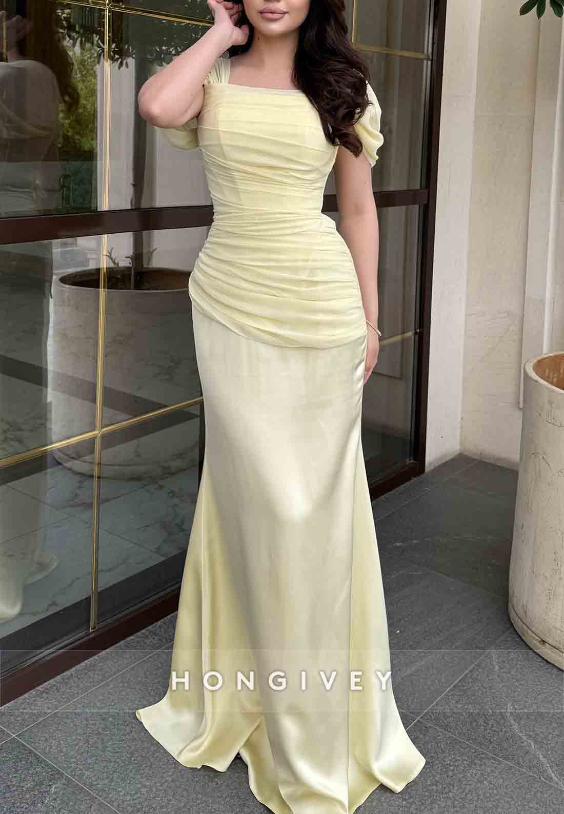 Short Sleeves Square Neck Floor-Length Trumpet Evening Gowns with Ruched Corset