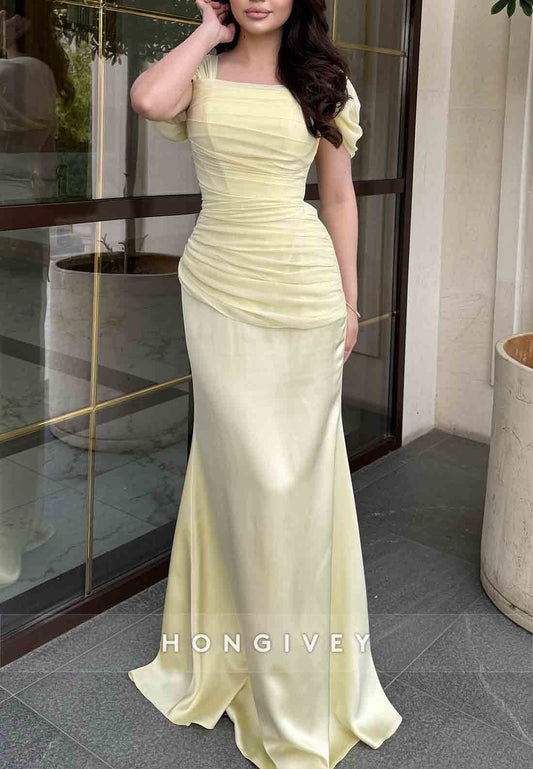 Short Sleeves Square Neck Floor-Length Trumpet Evening Gowns with Ruched Corset