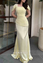 Short Sleeves Square Neck Floor-Length Trumpet Evening Gowns with Ruched Corset