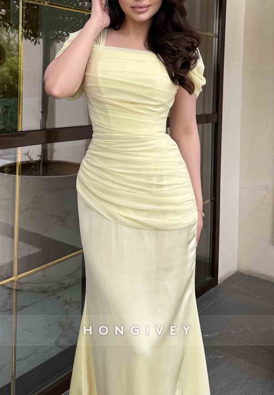 Short Sleeves Square Neck Floor-Length Trumpet Evening Gowns with Ruched Corset