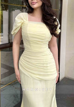 Short Sleeves Square Neck Floor-Length Trumpet Evening Gowns with Ruched Corset