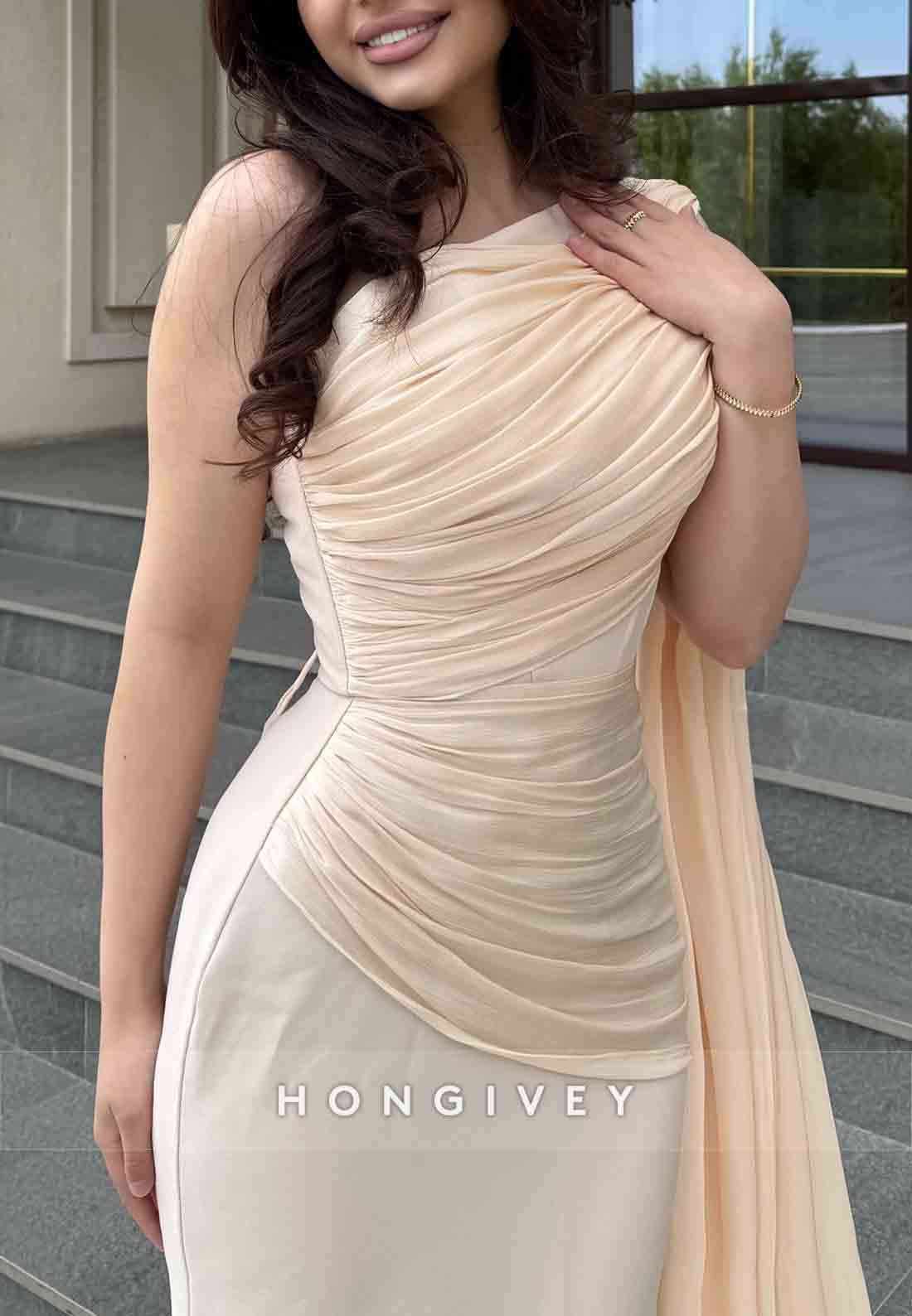 Elegant Side Draping One Shoulder Floor-Length Trumpet Evening Gowns