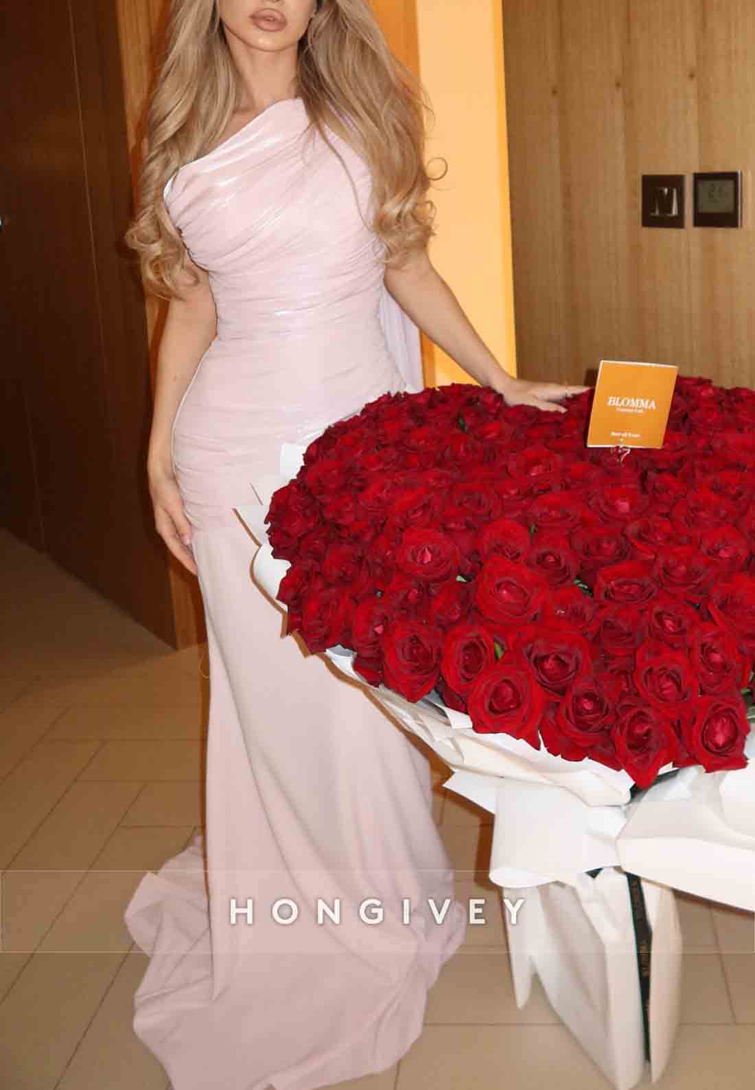 Light Pink One Shoulder Floor-Length Sleeveless Pleated Mermaid Evening Gowns