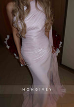 Light Pink One Shoulder Floor-Length Sleeveless Pleated Mermaid Evening Gowns