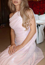 Light Pink One Shoulder Floor-Length Sleeveless Pleated Mermaid Evening Gowns
