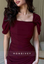 Short Sleeves Square Neck Floor-Length Trumpet Evening Gowns with Ruched Corset