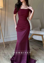 Short Sleeves Square Neck Floor-Length Trumpet Evening Gowns with Ruched Corset