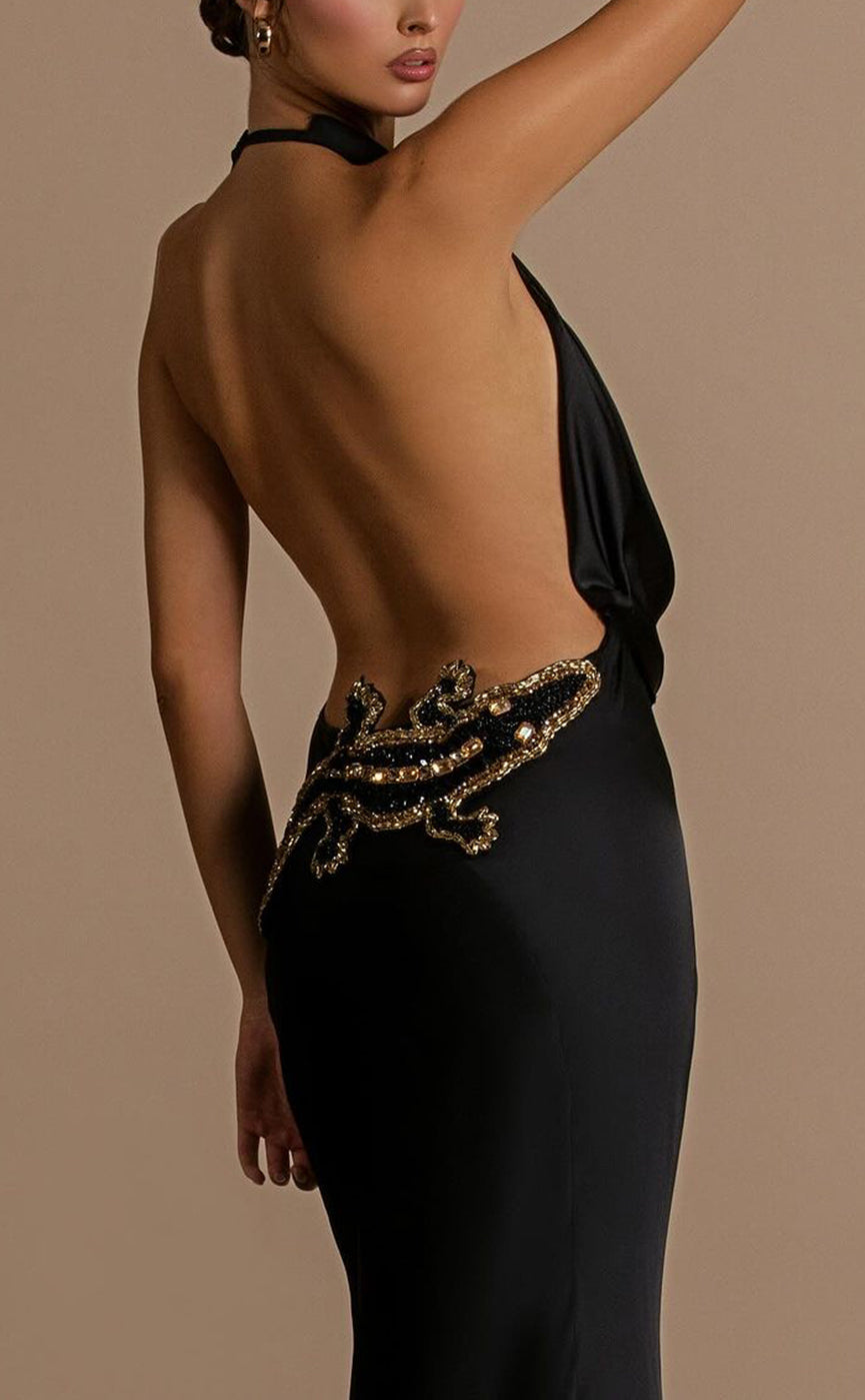 L2063 - Sexy Satin Trumpt Halter Empire Open Back Beaded Appliques With Train Party Prom Evening Dress