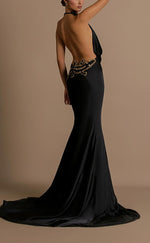 L2063 - Sexy Satin Trumpt Halter Empire Open Back Beaded Appliques With Train Party Prom Evening Dress