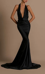 L2063 - Sexy Satin Trumpt Halter Empire Open Back Beaded Appliques With Train Party Prom Evening Dress