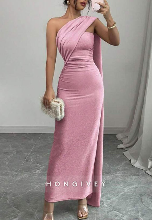 One Shoulder Pleated Column Tea-Length Side Draping Evening Gown