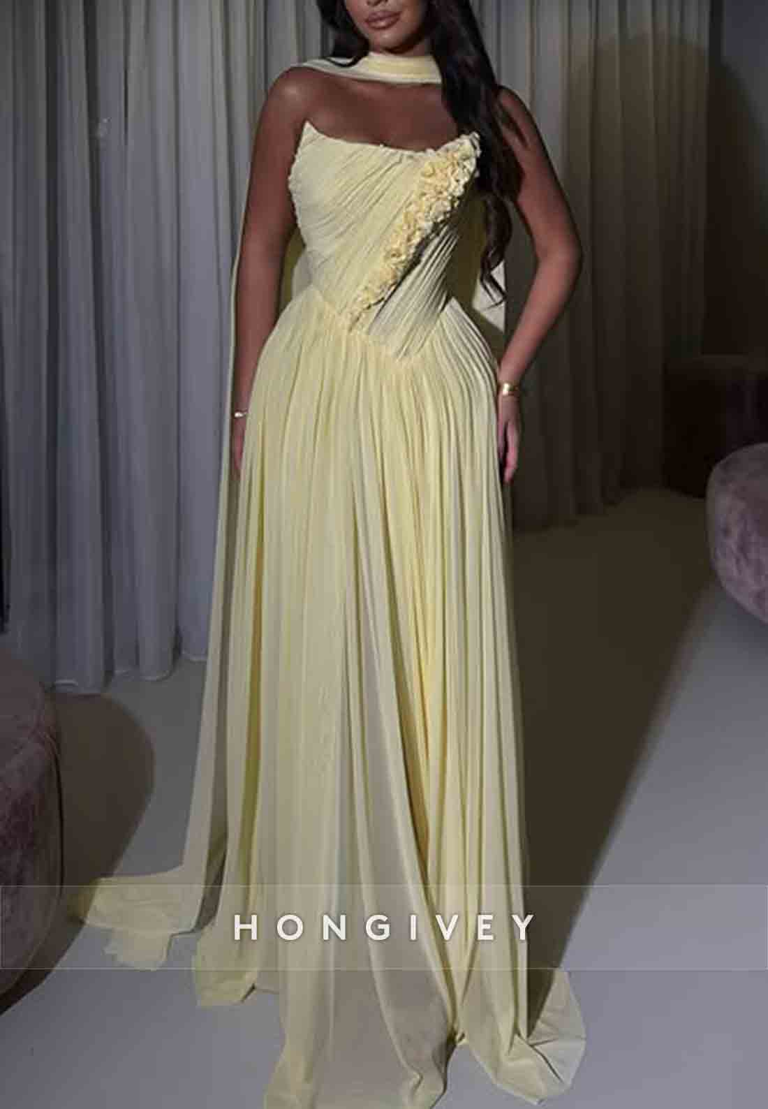 Strapless Yellow A-Line Floor-Length Evening Gowns with Flowers