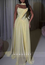 Strapless Yellow A-Line Floor-Length Evening Gowns with Flowers