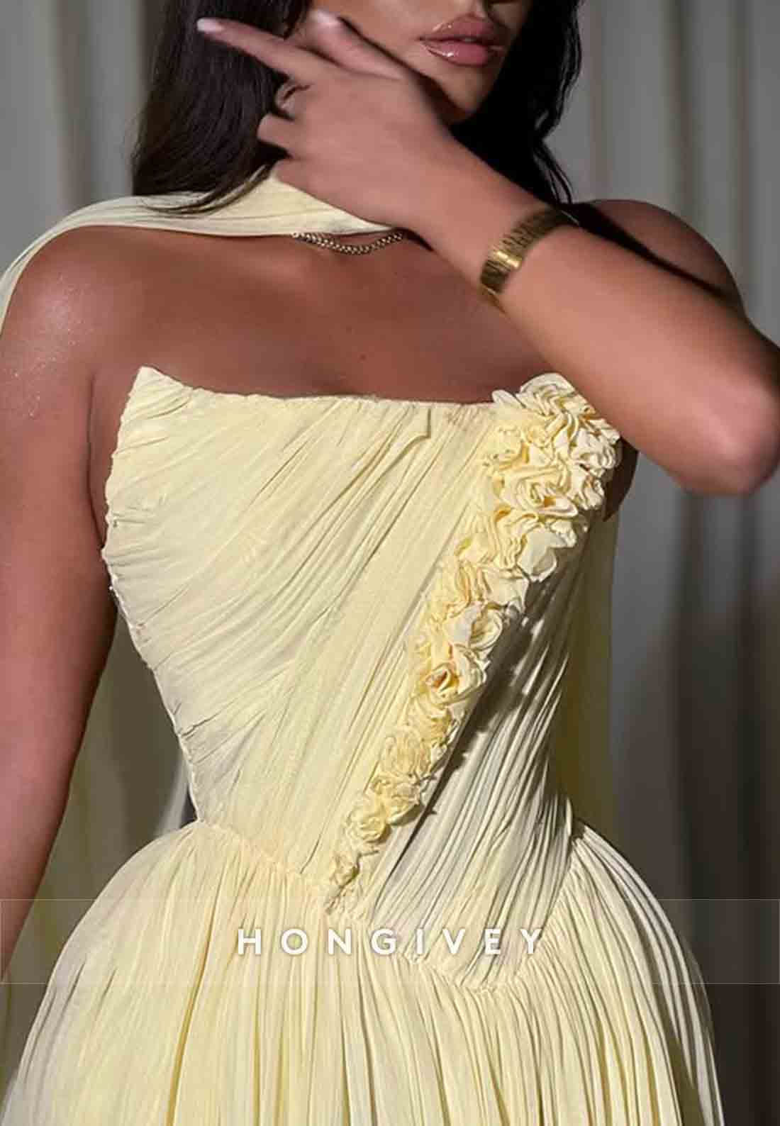 Strapless Yellow A-Line Floor-Length Evening Gowns with Flowers