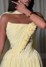 Strapless Yellow A-Line Floor-Length Evening Gowns with Flowers