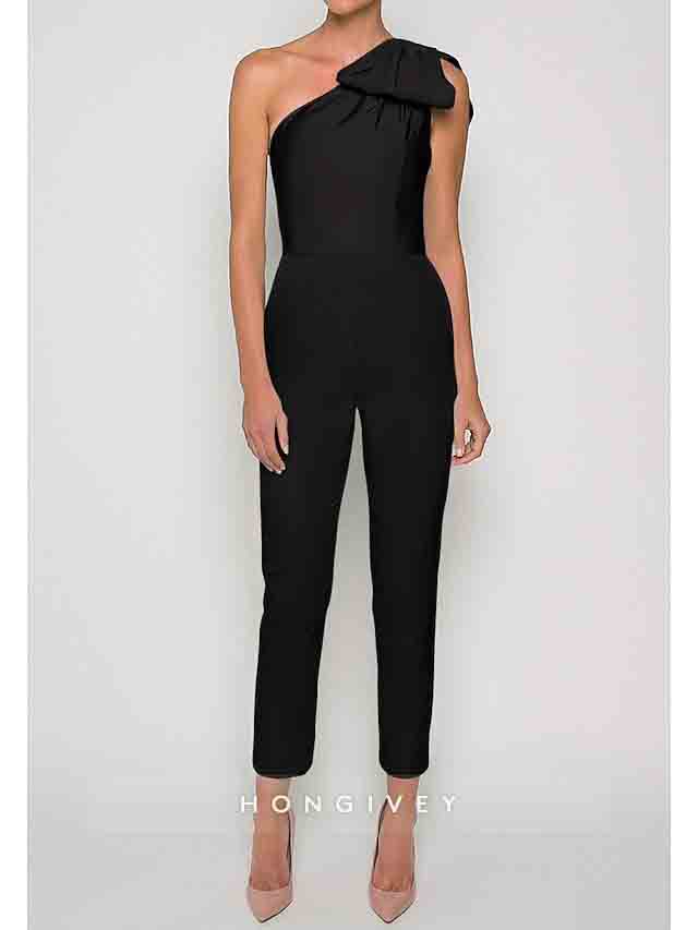 One Shoulder Bow Jumpsuit Detachable Evening Dress