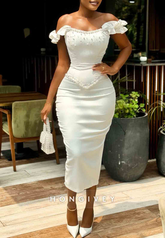 Sheath Tea-Length Off the Shoulder Beading Wedding Dresses