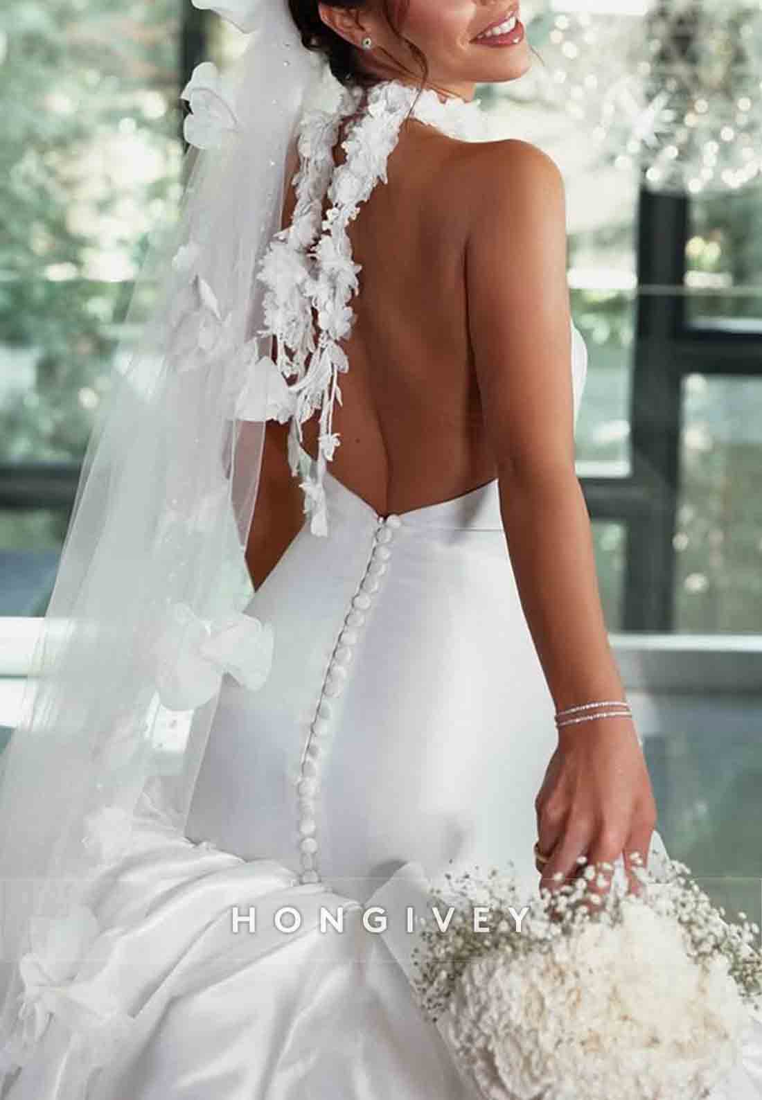 Halter Neck Pleated Satin Court Train Backless Mermaid Wedding Dresses