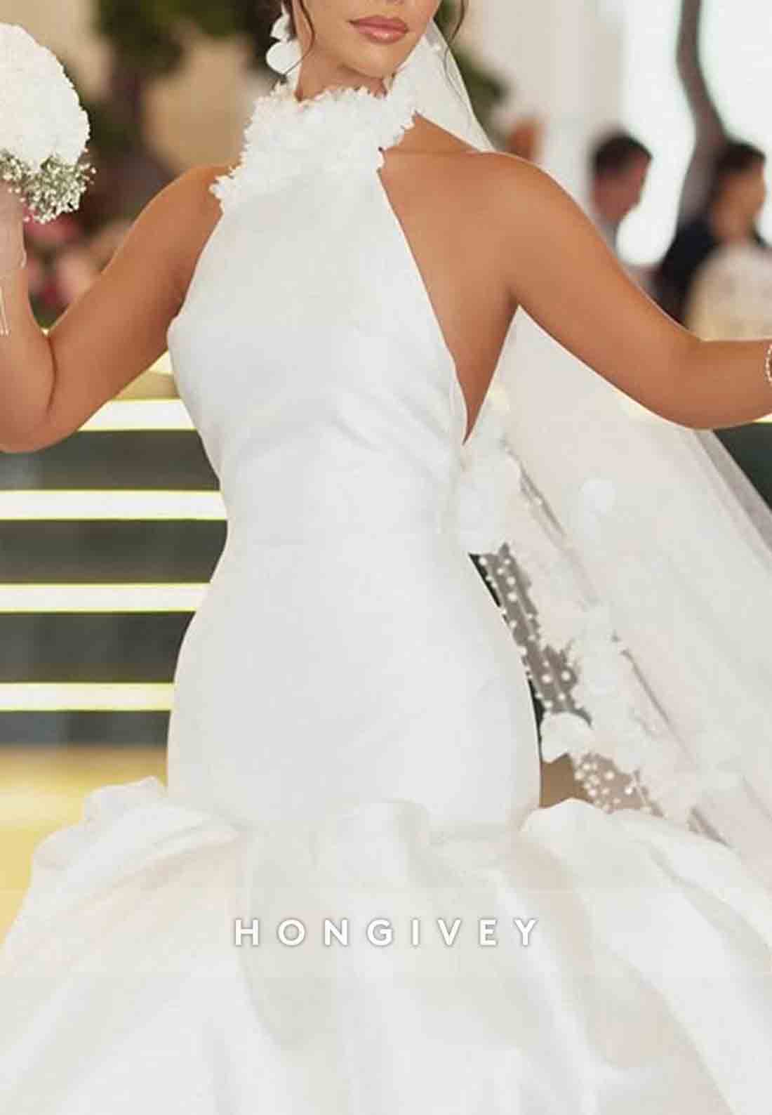 Halter Neck Pleated Satin Court Train Backless Mermaid Wedding Dresses