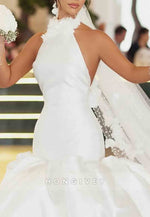 Halter Neck Pleated Satin Court Train Backless Mermaid Wedding Dresses