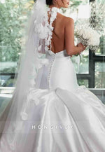 Halter Neck Pleated Satin Court Train Backless Mermaid Wedding Dresses